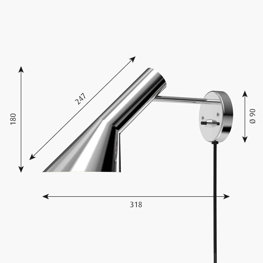 Louis Poulsen AJ wandlamp, leeslamp, bedlamp RVS gepolijst afmetingen