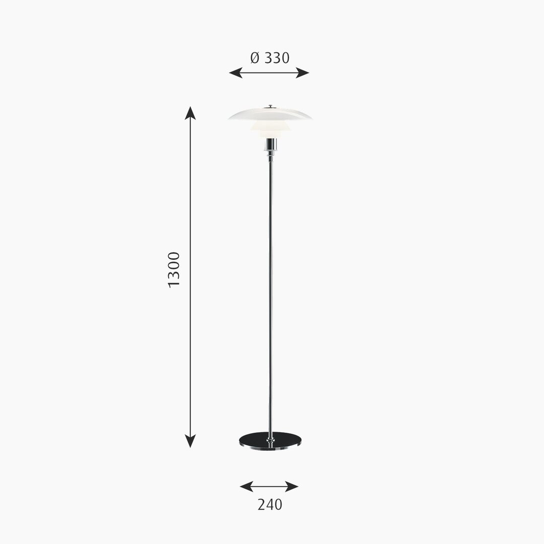 Louis Poulsen PH 3,5/2,5 vloerlamp / staande lamp hoogglans verchroomd afmetingen