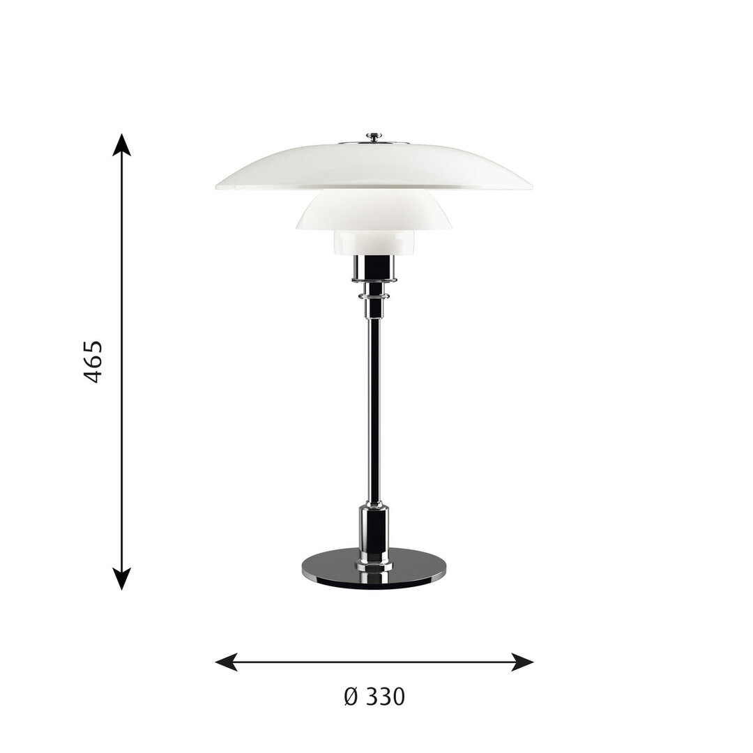 Louis Poulsen PH 3,5/2,5 tafellamp / bureaulamp hoogglans verchroomd afmetingen