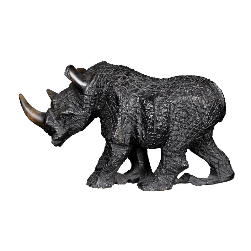 Stenen beeld neushoorn ruw speksteen 1 dier, 10 cm hoog, zwart