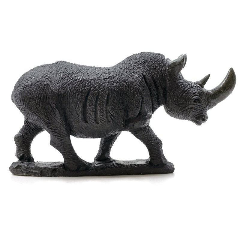 Stenen beeld neushoorn ruw 1 dier, 15 cm hoog, zwart