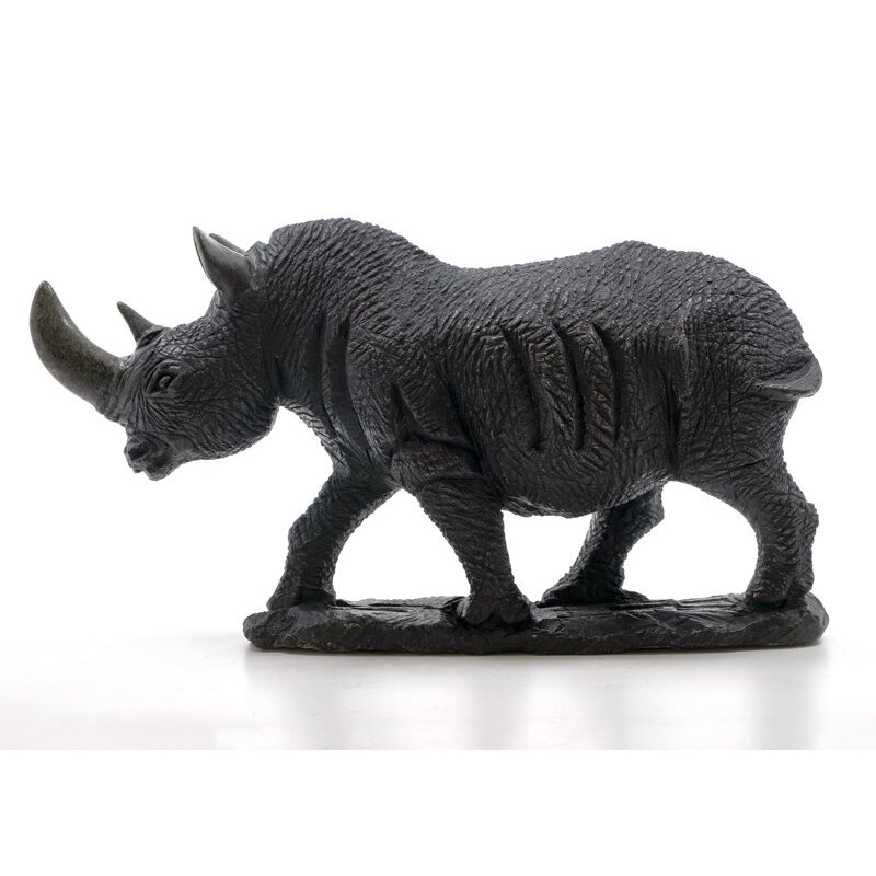 Stenen beeld neushoorn ruw 1 dier, 15 cm hoog, zwart