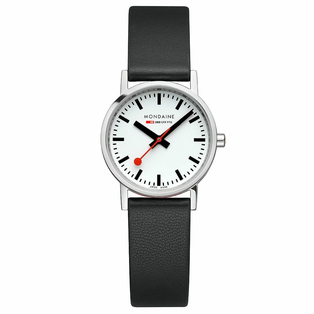 Mondaine Watch Classic 30 mm gl&auml;nzendes schwarzes veganes Armband
