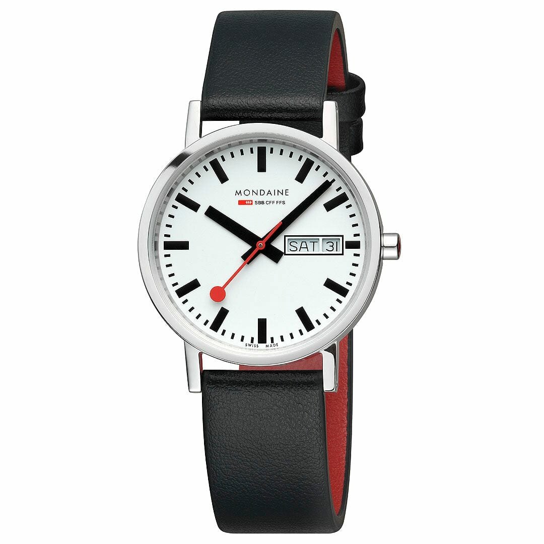 Mondaine Horloge Classic 36 mm glanzend zwarte vegan band