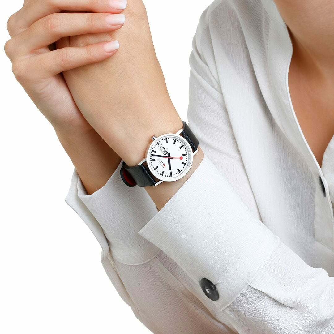 Mondaine Watch Classic 36 mm polished black vegan strap