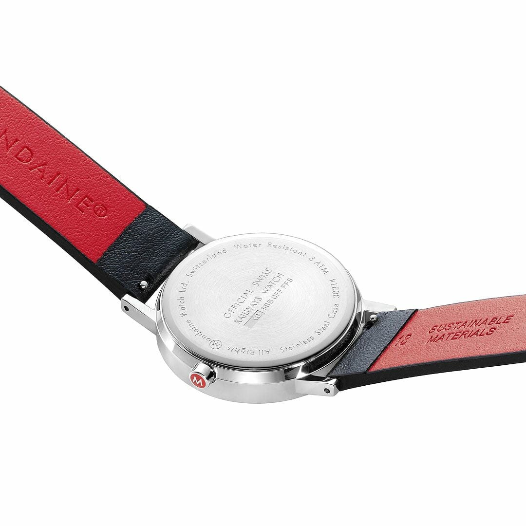 Mondaine Watch Classic 36 mm gl&auml;nzendes schwarzes veganes Armband