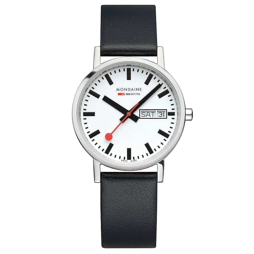 Mondaine Watch Classic 36 mm gl&auml;nzendes schwarzes veganes Armband