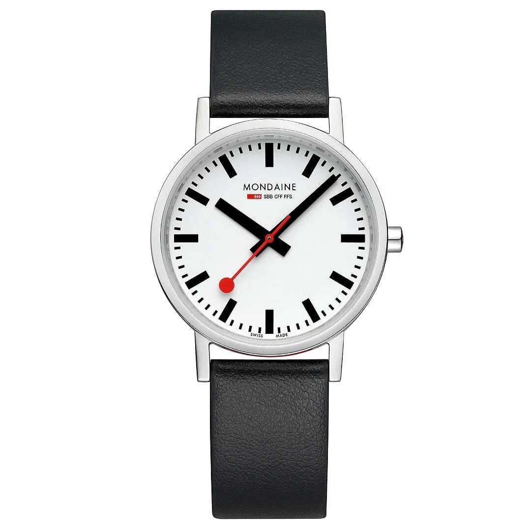 Mondaine Watch Classic 36 mm Matt schwarzes veganes Armband