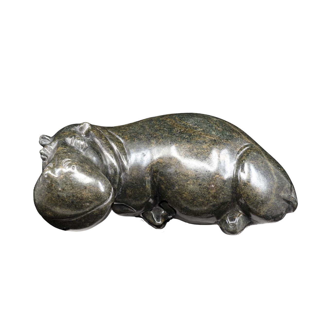 Stenen beeld nijlpaard uit speksteen. Groen nijlpaard beeld voor binnen.