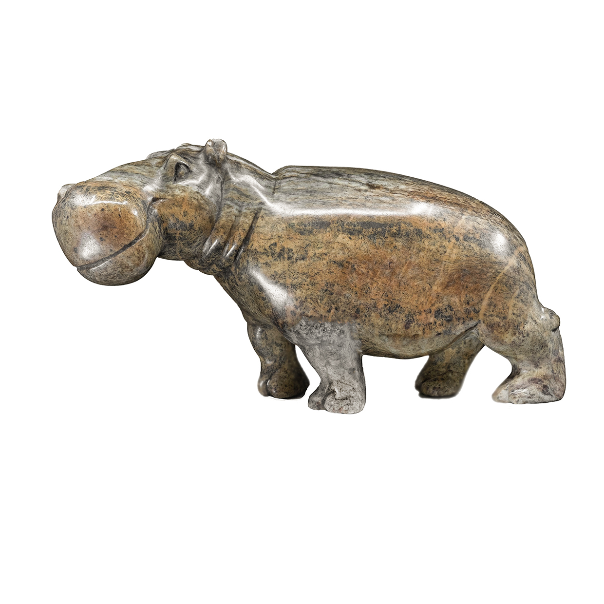 Stenen beeld nijlpaard uit speksteen. Bruin nijlpaard beeld voor binnen.