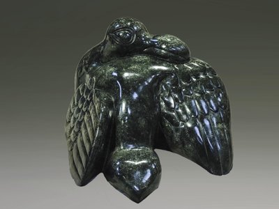 Stenen tuinbeeld vogel uniek, Wassende vogel groot, stenen dier groen