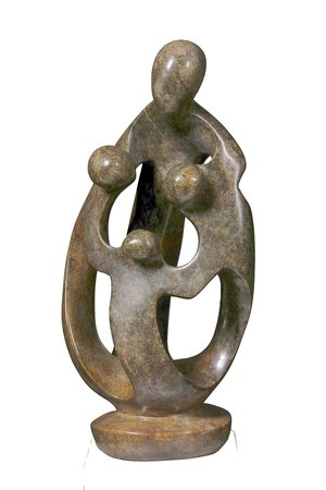 Speksteen beeld familie 4 personen | 18 cm hoog | bruin, grijs