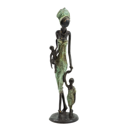 Bronzen beeld 2 kinderen met moeder | 24 cm hoog | groen