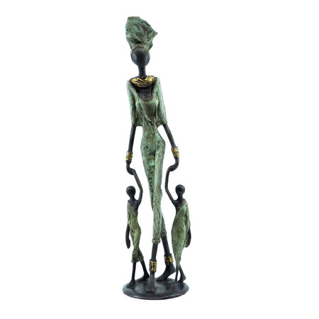 Bronzen beeld moeder met 2 kinderen |36,5 cm hoog | groen